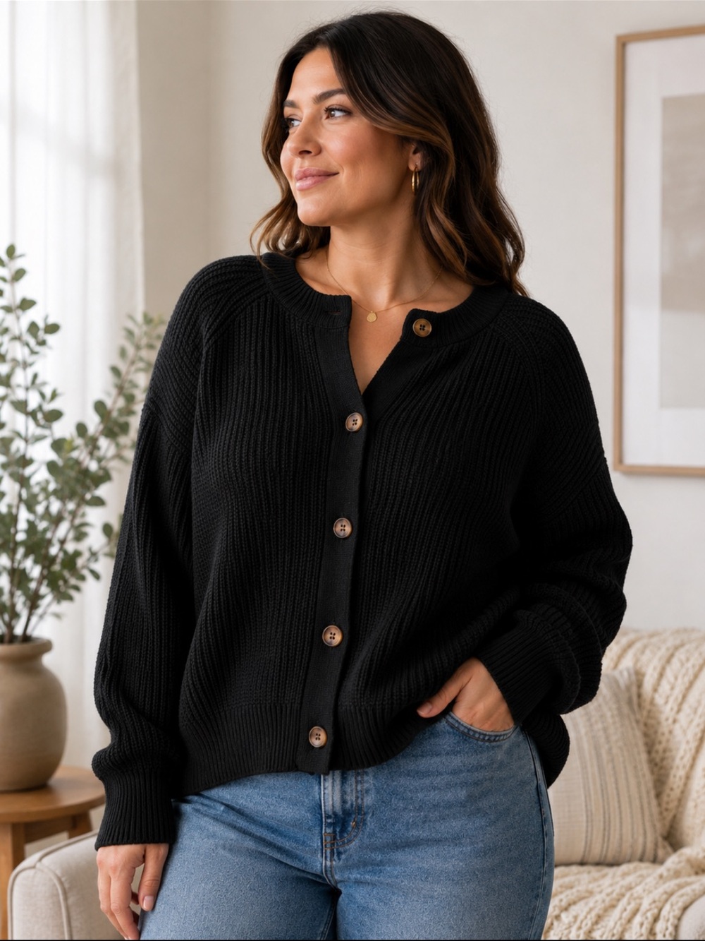 #411 Banana Republic Black Chunky Rib Knit Cardigan Sweater XXL